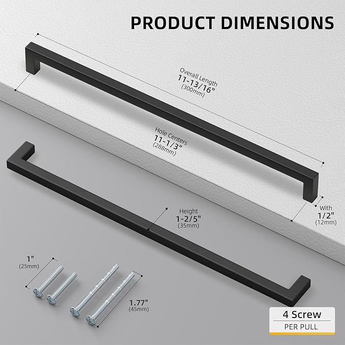 goldenwarm 50 Pack 11-1/3 Inch Black Cabinet Handles Matte Black Drawer Pulls Stainless Steel Cabinets Hardware Square Bar Modern for Kitchen Bathroom Cupboard