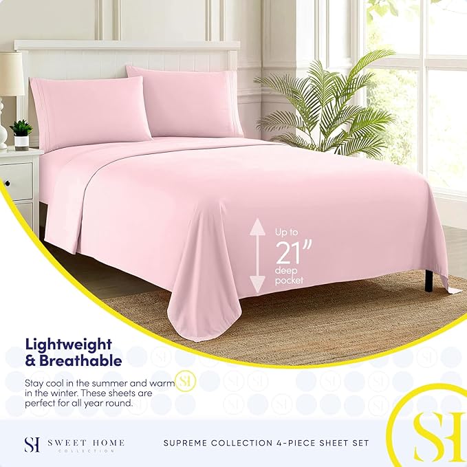 Queen Size Bed Sheets - Breathable Luxury Sheets with Full Elastic & Secure Corner Straps Built In - 1800 Supreme Collection Soft Deep Pocket Bedding, Sheet Set, EXTRA DEEP pocket - Queen, Pale Pink