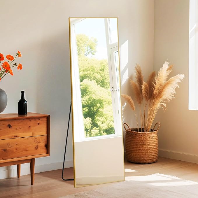 DUMOS Wall-Mounted Full Length Mirror 59"x 17" for Bedroom, Full Body Floor Mirror with Stand, Hanging or Leaning for Wall, Gold
