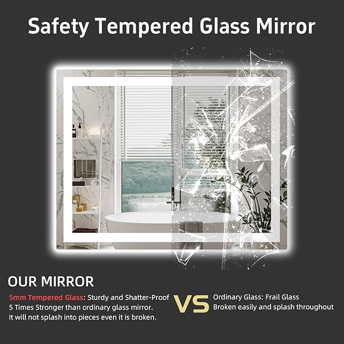 36"x 30" LED Bathroom Mirror with Lights, Smart Dimmable Vanity Mirrors for Wall, Anti-Fog, Dimmable, Backlit + Front Lit, Memory Shatterproof Smart Mirror for Bathroom (Horizontal/Vertical)