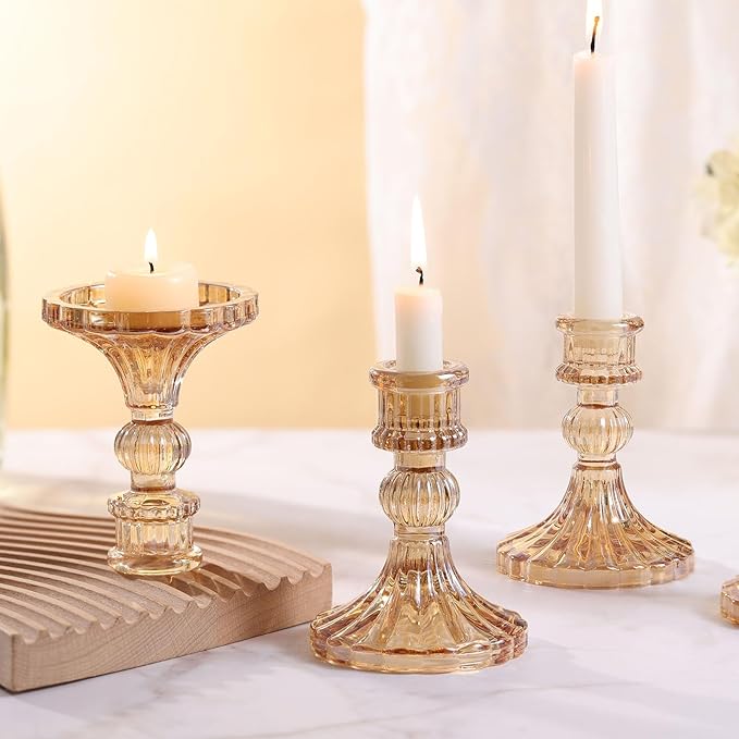 Taper Candle Holder Set of 6, Gold Candle Holder & Vintage Candlestick Holder, Glass Candlestick Holder for Table Centerpieces, Fall, Christmas, Autumn, Thanksgiving Decor