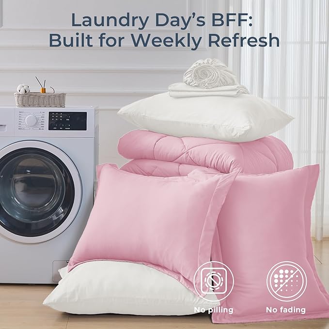 HEVUMYI Full Comforter Set - 7-Piece All Season Bed in a Bag Full, Ultra Soft Bedding Set with Comforter, Flat Sheet, Fitted Sheet, Pillowcases, Pillow Shams, Pink & Ivory