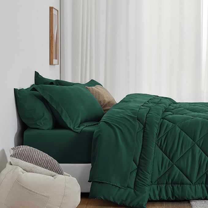 Love's cabin King Size Comforter Set Dark Green, 7 Pieces King Bed in a Bag, All Season Bedding Sets with 1 Comforter, 1 Flat Sheet, 1 Fitted Sheet, 2 Pillowcase and 2 Pillow Sham