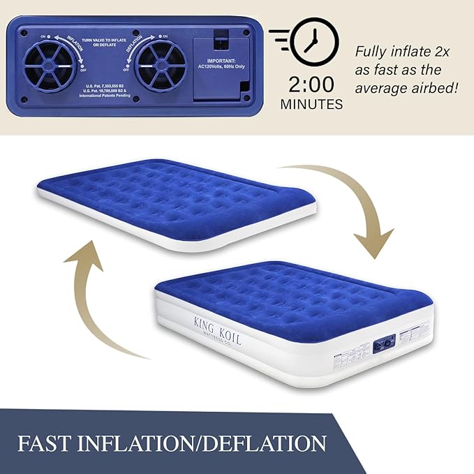 King Koil Luxury Pillow Top Plush Queen Air Mattress with Built-in High-Speed Pump Best for Home, Camping, Guests, 16" Queen Size Double Airbed Adjustable Blow Up Mattress, Waterproof, 1-Year Warranty