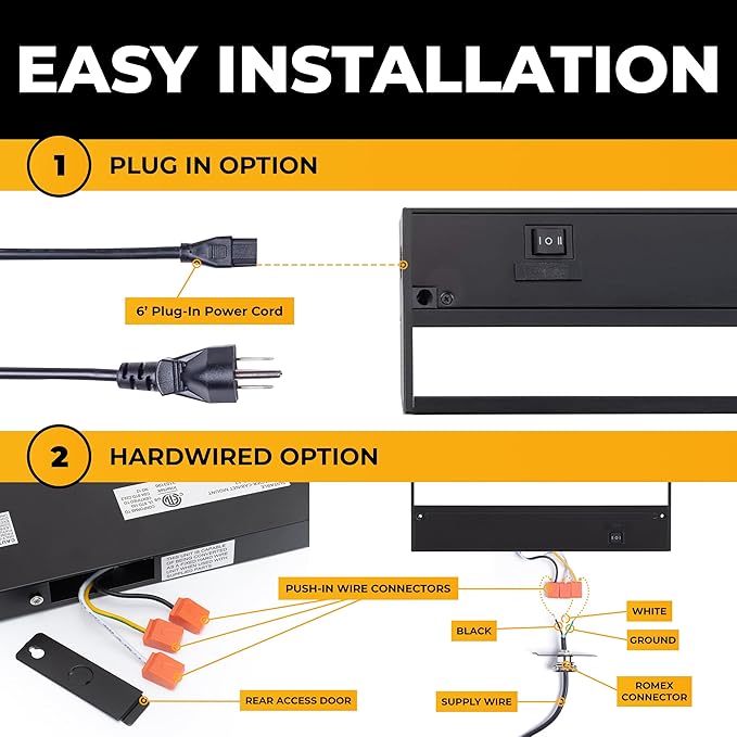 LED Under Cabinet Lighting Hardwired - 3CCT 12 Inch Black Finish - Undercabinet Lights for Kitchen - Linkable Undercounter Dimmable Plug in Light or Hard Wired - Under Counter Fixture Direct Wire