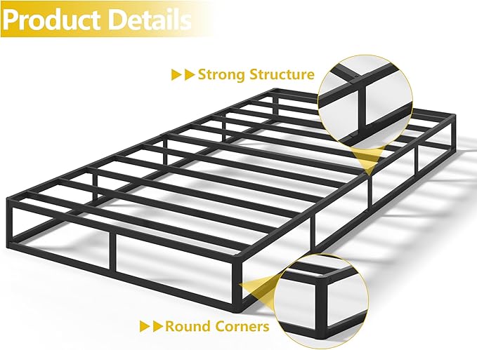 Qingzhou Box Spring Twin Bed Bases, 7 Inch High Metal Twin Box Spring Only, Heavy Duty Mattress Foundation with Fabric Cover, Easy Assembly, Quiet Noise Free, Non Slip, Black