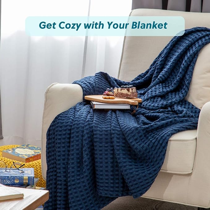 Bedsure Cooling Cotton Waffle King Size Blanket - Lightweight Breathable Summer Blanket of Rayon Derived from Bamboo for Hot Sleepers, Luxury Throws for Bed, Couch and Sofa, Navy, 104x90 Inches