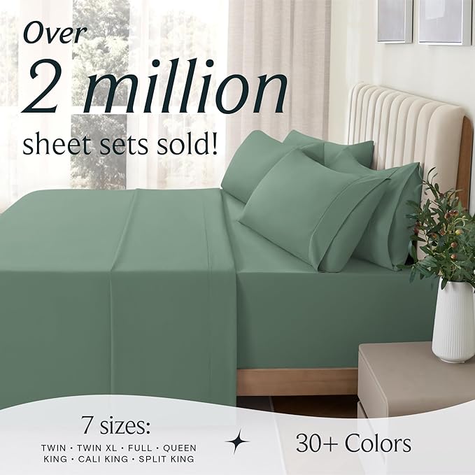 LuxClub 4 PC California King Sheet Set, Breathable Luxury Bed Sheets, Deep Pockets Wrinkle Free Cooling Sheets Machine Washable Hotel Bedding Silky Soft - Tree Moss Green Cal King
