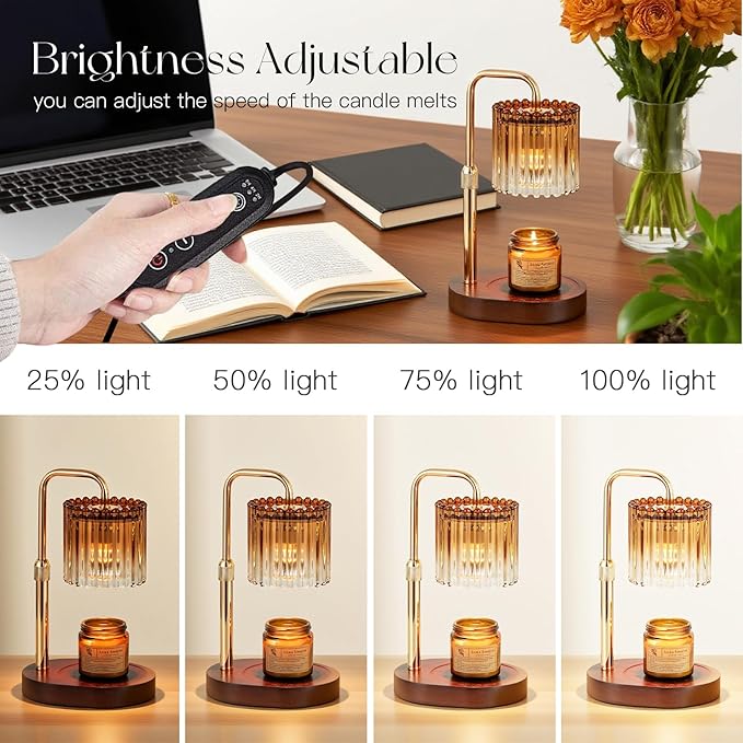 Candle Warmer Lamp with Timer: Amber Candle Warming Lamp with 2 Bulbs Height Adjustable Wax Melt Dimmable Bedroom Decor Christmas Gift for Women