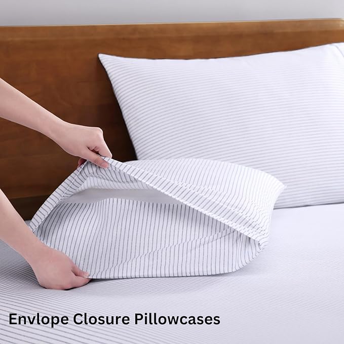 LANE LINEN 100% Organic Cotton Sheet Sets Queen Size, 4Pc Queen Size Cotton Sheets, Hotel Style Sheets, Bedding Sheets & Pillowcases, Queen Sheet Sets Deep Pockets Fits Upto 15" - Blue Ticking Stripe