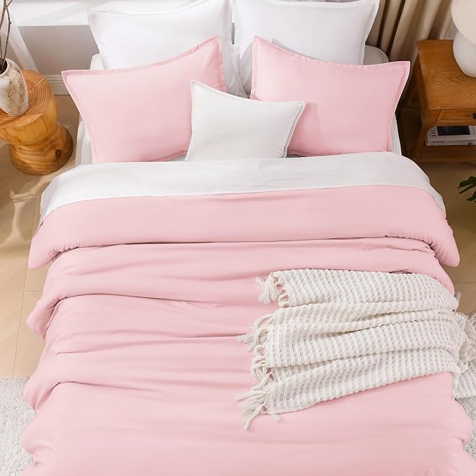 Litanika Pink Comforter Set Queen Size, 3 Pieces Lightweight Soft Fluffy Solid Bedding Set, All Season Bed Set (90x90In Comforter & 2 Pillowcases)