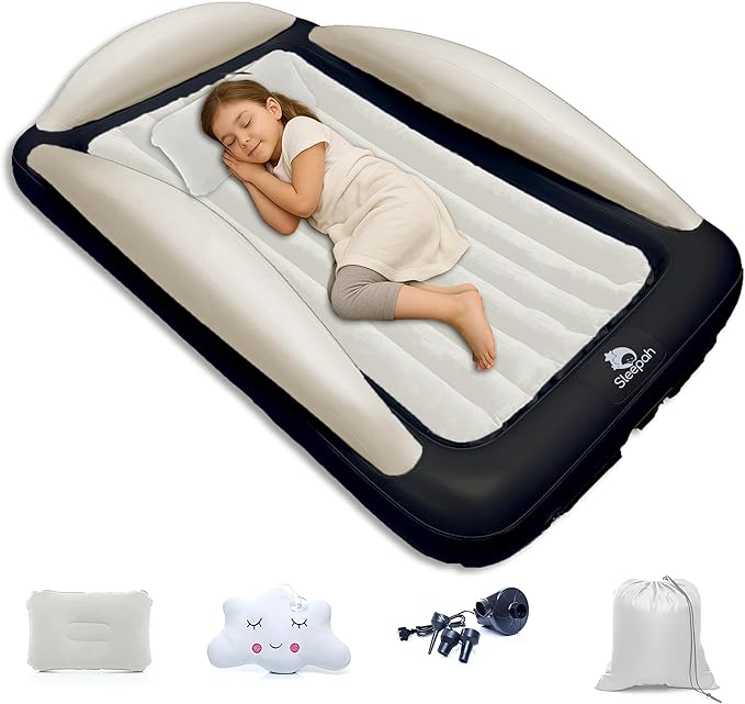 Sleepah Inflatable Toddler Travel Bed Portable Kids Air Mattress Set w Safety Rail Guards for Kids & Toddlers – Includes Pump, Carry Case, Pillow & More - Perfect Transitional Cot (Beige)