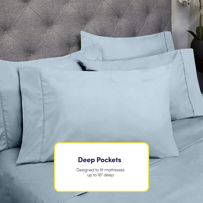 Queen Sheets Blue Misty - 6 Piece 1500 Supreme Deluxe Collection Deep Pocket Ultra Soft Queen Sheet Set Bedding - 2 Extra Pillow Cases, Great Value, Queen, Blue Misty