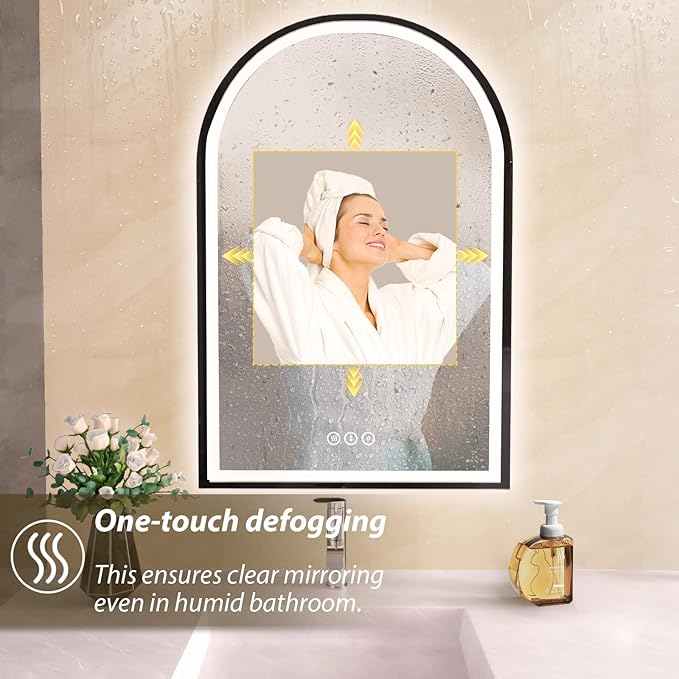 Arch Vanity Mirror with Lights, 24x36 Inch Led Mirror for Bathroom, Wall-Mounted Mirror with Anti-Fog, Memory Function, 3 Color Temperature, Dimmable Led Bathroom Mirror