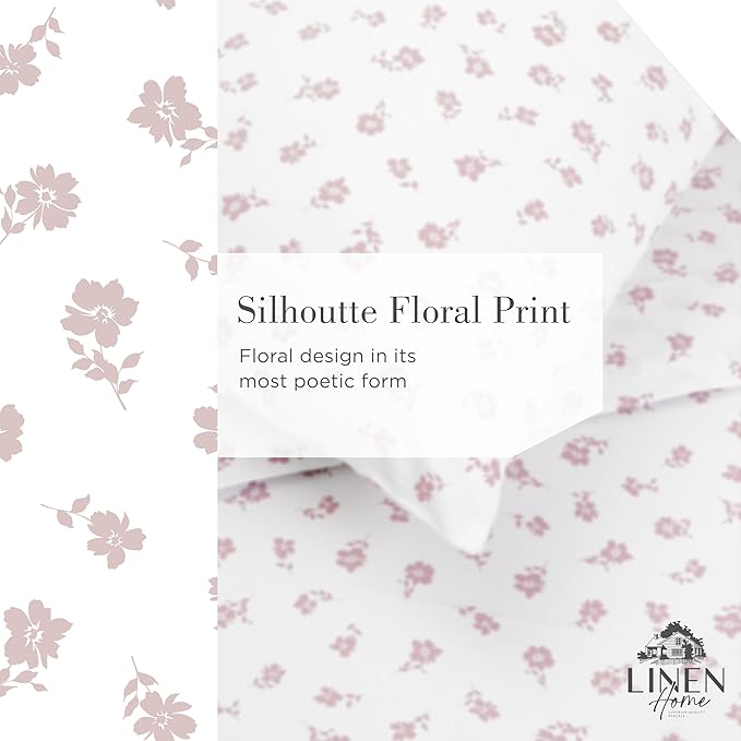 Linen Home 100% Cotton Printed Percale Sheets King Size, Deep Pocket, 4 Pieces Set - 1 Flat, 1 Deep Pocket Fitted Sheet and 2 Pillowcases, Crisp Cool and Strong Bed Linen, Mauve Silhouette Floral