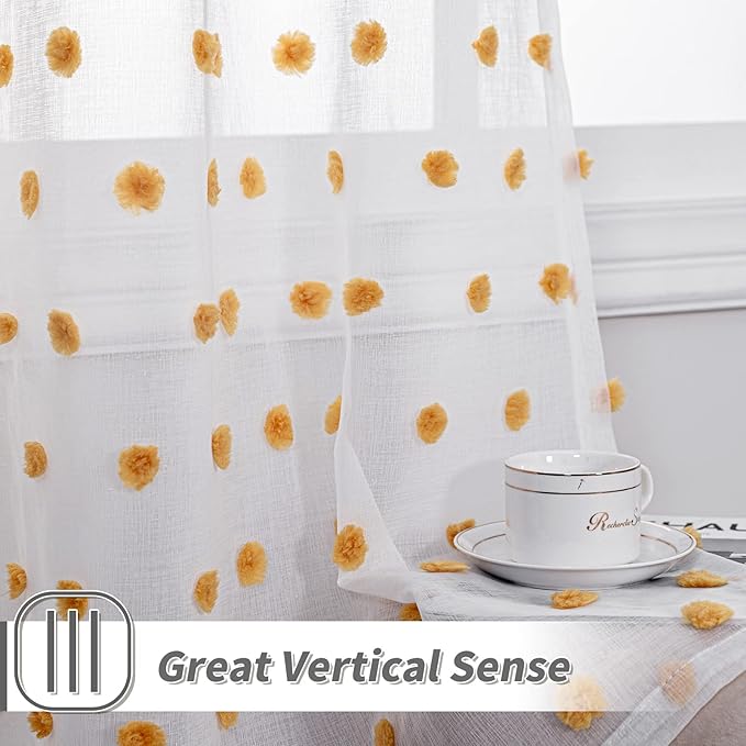 MYSKY HOME Burnt Orange Pom Pom Curtains for Bedroom, Small Windows, Light Filtering, White Sheer, Short Cafe, Bathroom Privacy, Rod Pocket, 52 x 45 inch, 2 Panels