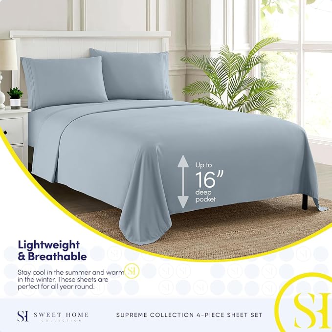 California King Sheet Sets - Breathable Luxury Sheets with Full Elastic & Secure Corner Straps Built In - 1800 Supreme Collection Deep Pocket Bedding Set, Sheet Set, California King, Misty Blue