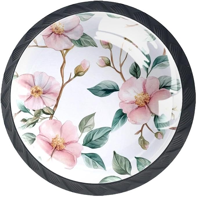 4 Pack 1.37" Dresser Drawer Knobs, Round Crystal Glass Cabinet Pulls with Screws for Kitchen, Bathroom, Nursery Nursery Kids Room (Pink Flowers with Green Leaves Branches)