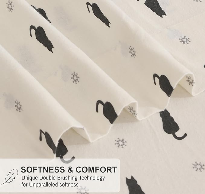 RUVANTI Flannel Sheets Full Size - 100% Cotton Double Brushed Bed Sheets Set, Deep Pockets 16 Inches, All Seasons Breathable & Extra Soft Full Sheets, Warm & Cozy, 4 Piece, Black Cat