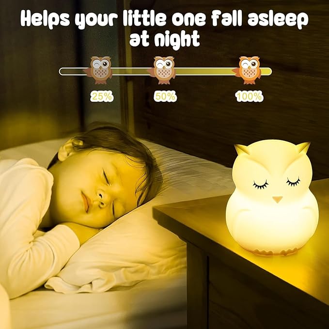 LED Night Light for Kids Cute Sleepy Owl Bedside Lamps - Convenient for Reading & Soothe Baby to Sleep Training Nursery Lights Up Toddler Bed Room Dimming & Timer &Rechargeable Decor Gifts for Women