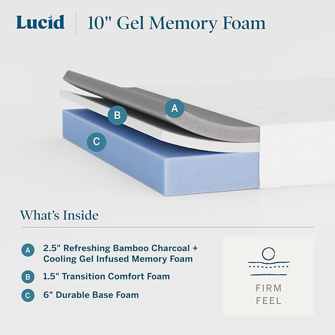 Lucid 10 Inch Memory Foam Mattress - Firm Feel - Infused with Refreshing Bamboo Charcoal and Cooling Gel - Bed in a Box - Temperature Regulating - Pressure Relief - Breathable - Full Size