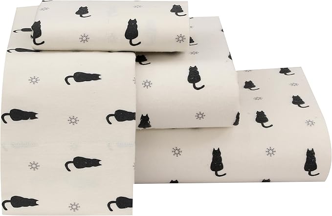 RUVANTI Flannel Sheets Full Size - 100% Cotton Double Brushed Bed Sheets Set, Deep Pockets 16 Inches, All Seasons Breathable & Extra Soft Full Sheets, Warm & Cozy, 4 Piece, Black Cat