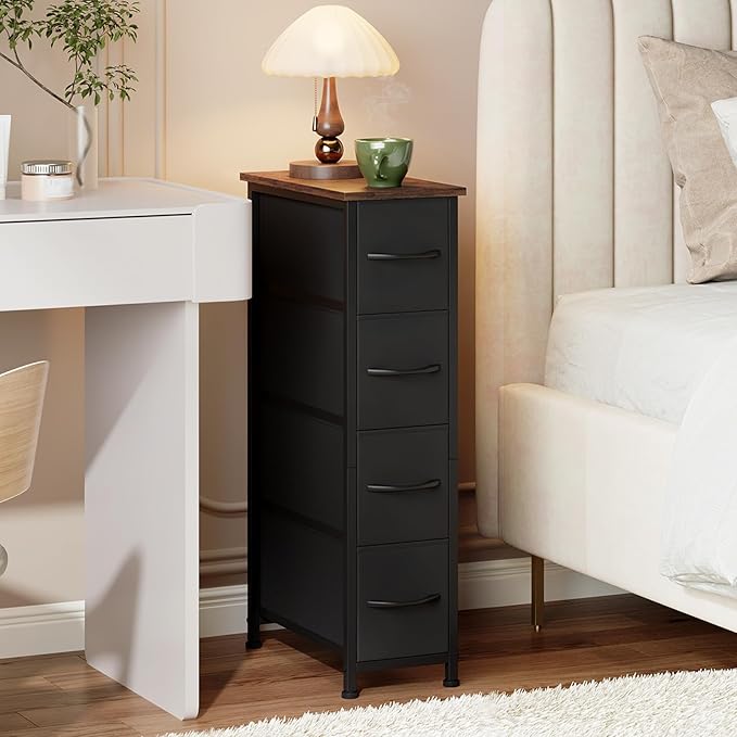 Somdot Narrow Dresser with 4 Drawers, Slim Storage Chest of Drawers with Removable Fabric Drawers for Closet Small Spaces Bathroom Bedroom Laundry, Black Rustic Brown Top
