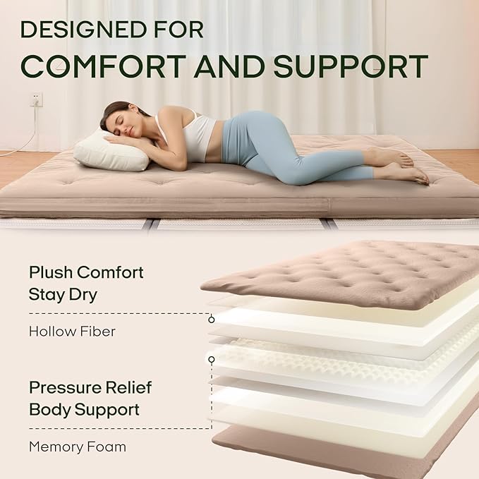 ZonLi Japanese Floor Futon Mattress Twin Size 75"x 39", 100% Cotton Cover 2.5'' Thicken Tatami Mattress, Foldable Sleeping Pad, Portable Dormitory Tatami Mat(Khaki)