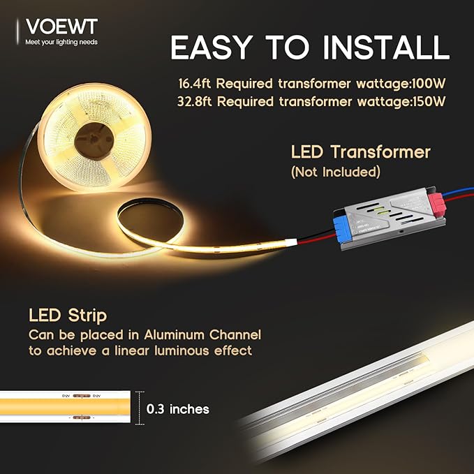 COB LED Strip Lights Warm White 3000K,32.8ft 24V High CRI 95Ra+ Super Bright, Flexible Tape Lights for Bedroom,Mirror,Kitchen Cabinet, Living Room(Power Supply Not Included)
