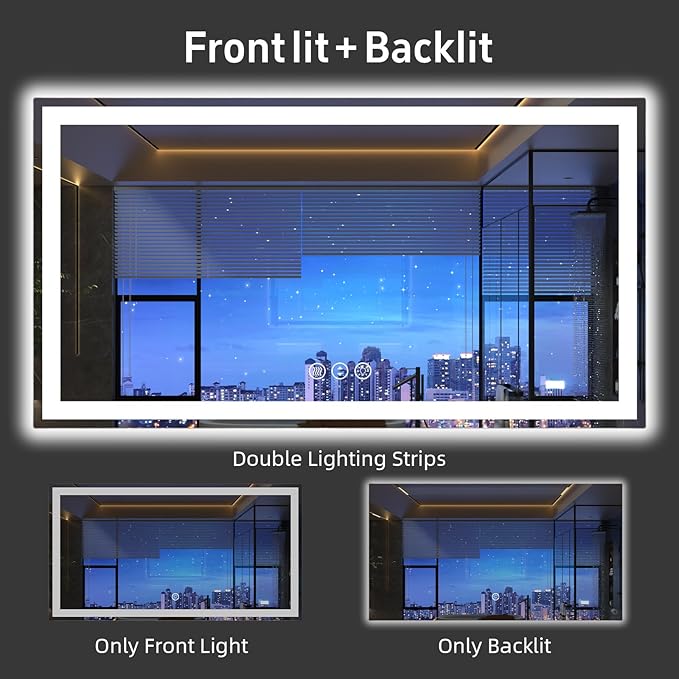 60"x 40" LED Bathroom Mirror with Lights, Front and Backlight, Dimmable Smart Mirror Bathroom, Anti-Fog, 3 Colors Lighted Bathroom Vanity Mirror for Wall Tempered Glass (Horizontal/Vertical)
