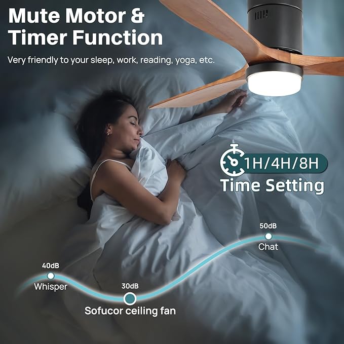 Sofucor Ceiling Fan with Lights 52 Inch Flush Mount Ceiling Fan with Remote Control, Wood Blades Modern Outdoor Ceiling Fans for Bedroom/Farmhouse/Patio/Indoor, Quiet DC Motor