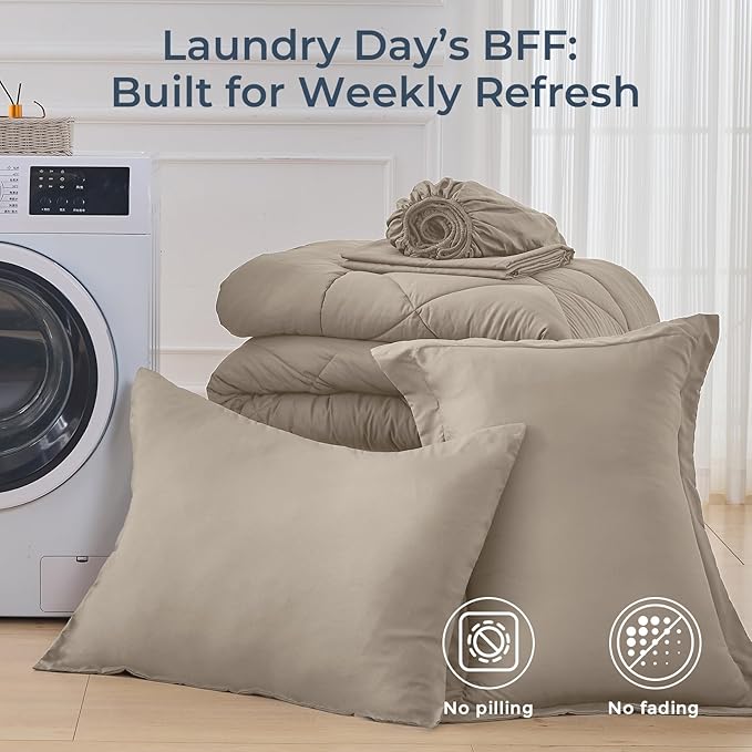 HEVUMYI Linen Twin Comforter Set - 5-Piece All Season Bed in a Bag Twin, Ultra Soft Bedding Set with Comforter, Flat Sheet, Fitted Sheet, Pillowcases, Pillow Shams