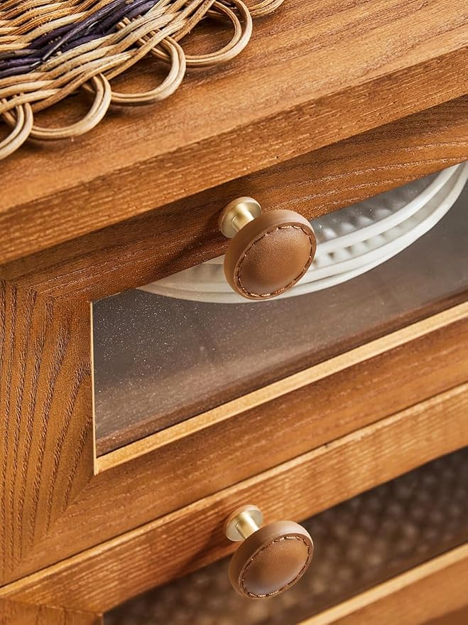 5 Pack Brown Leather Drawer Pulls Round Leather Handles Cabinet knobs for Kitchen Bathroom Cabinets Dressers Furniture Handles