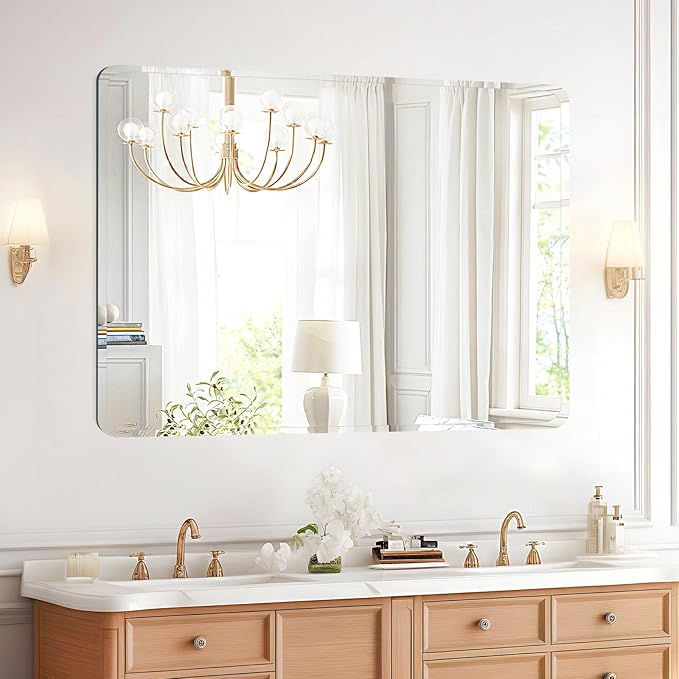 Frameless Bathroom Mirror for Over Sink,Wall Mounted Vanity Mirrors 13x18in,Rounded Rectangle Mirror Frameless with Polished Edge for Bedroom,Living Room,Entryway,Shatterproof (Horizontal/Vertical)