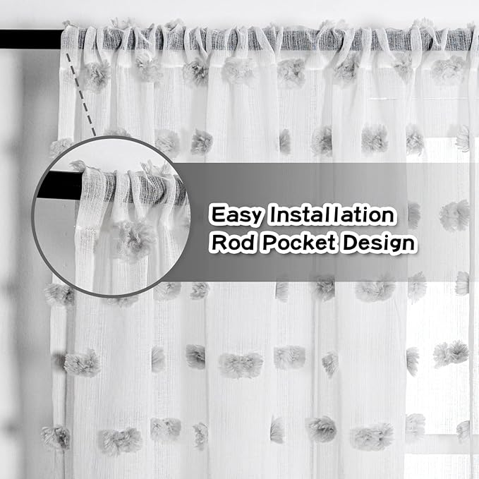 MYSKY HOME Pom Pom Sheer Curtains 2 Pack 37 x 84 in Long Grey Pom Pom Rod Pocket Voile Sheer Drapes for Bedroom, Living Room, Office