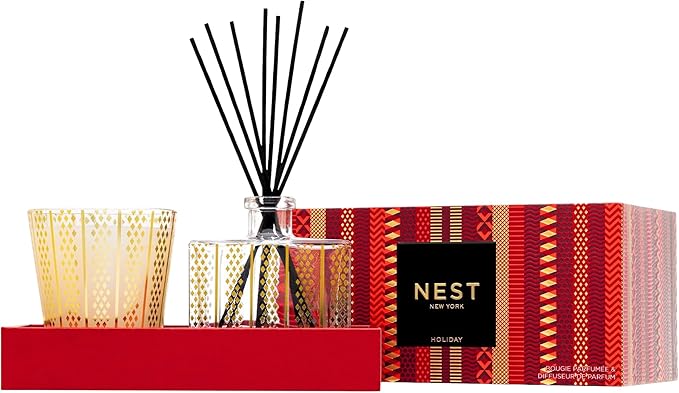 NEST New York Scented Classic Candle (8.1 oz) & Diffuser (5.9 fl oz) Set, Holiday - Reusable Glass Vessel - Vegan, Cruelty Free
