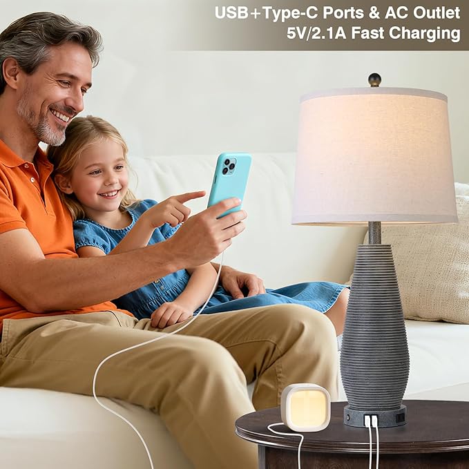 Farmhouse Table Lamps Set of 2 with USB C+A Ports and AC Outlet, 3 Way Touch Rustic Bedside Lamps for Living Room, 26.5" Grey Vintage Lamps for Bedroom Nightstand