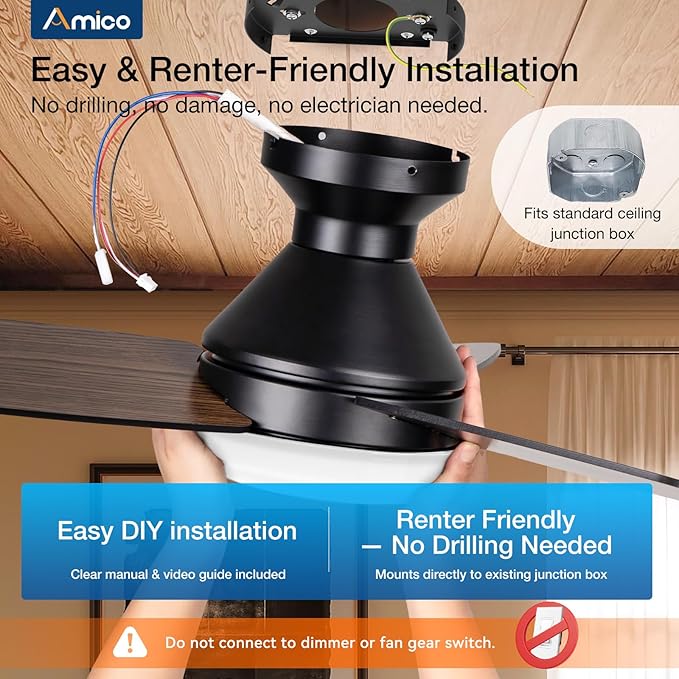 Amico Ceiling Fans with Lights, 52 inch Low Profile Ceiling fan with Light and Remote Control, Flush Mount, Reversible, 3CCT, Dimmable, Noiseless, Black Ceiling Fan for Bedroom, Indoor/Outdoor Use