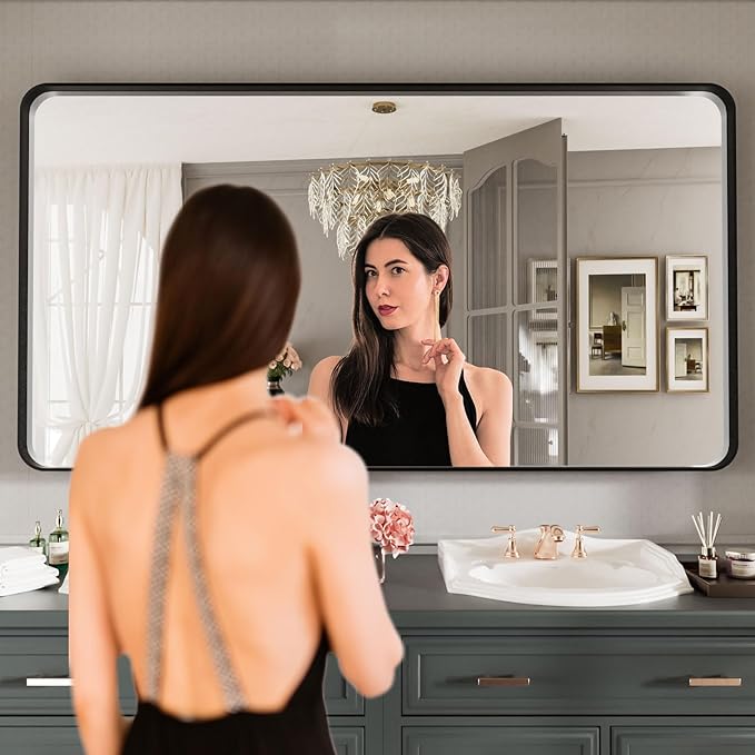 LOAAO 77X36 Inch Black Metal Framed Bathroom Mirror for Wall, Matte Black Bathroom Vanity Mirror Farmhouse, Large Rounded Rectangle Mirror, Anti-Rust, Tempered Glass, Hangs Horizontally or Vertically