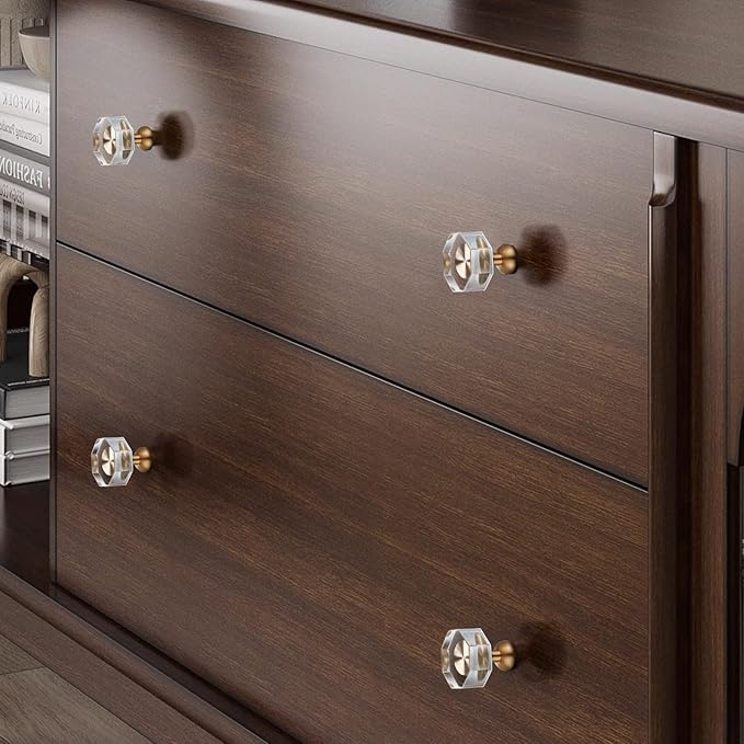 6-Pack 1-1/4-Inch Gold knob Dresser knobs White Cabinet Glass Crystal knobs Brass Drawer Polygonal Dresser Pulls, Drawer pulls