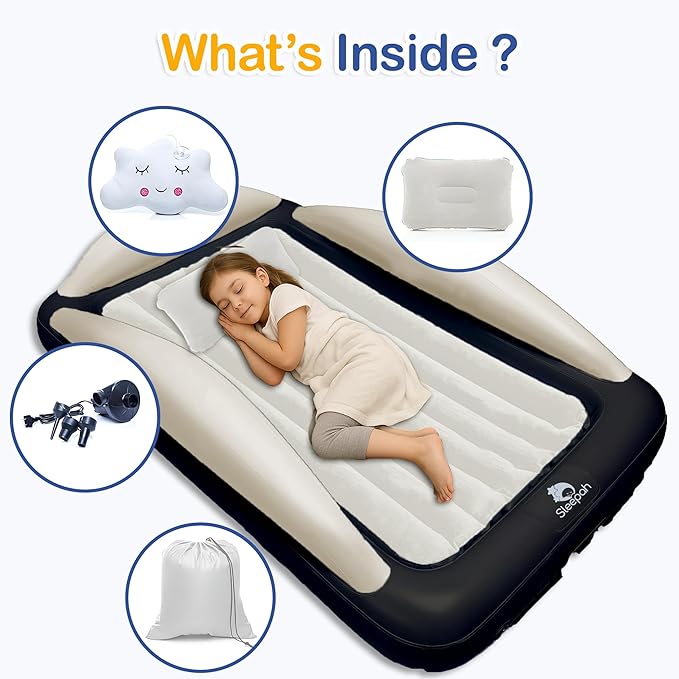 Sleepah Inflatable Toddler Travel Bed Portable Kids Air Mattress Set w Safety Rail Guards for Kids & Toddlers – Includes Pump, Carry Case, Pillow & More - Perfect Transitional Cot (Beige)