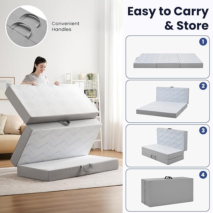 Foldable Mattress Cot 6 inch -Portable White Memory Foam Folding Matress with Washable Cover for Camping Travel Guest Room Home Use-Non-Slip&Easy Storage
