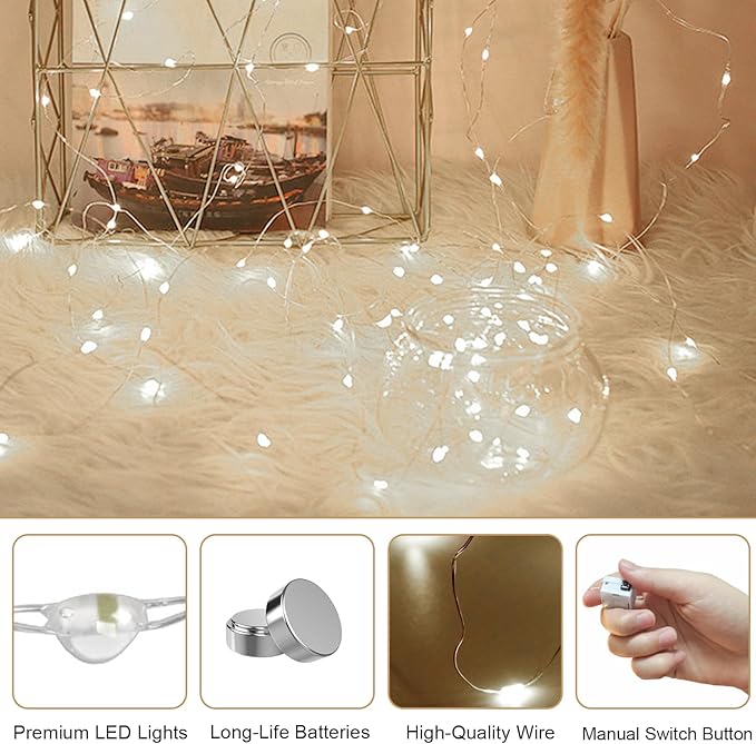 20 Pack Fairy Lights Battery Operated - 3 Speed Modes, 7Ft 20 LED String Twinkle Lights, Waterproof Copper Wire, Mini Firefly Light for Mason Jars Vases Christmas Decor, White