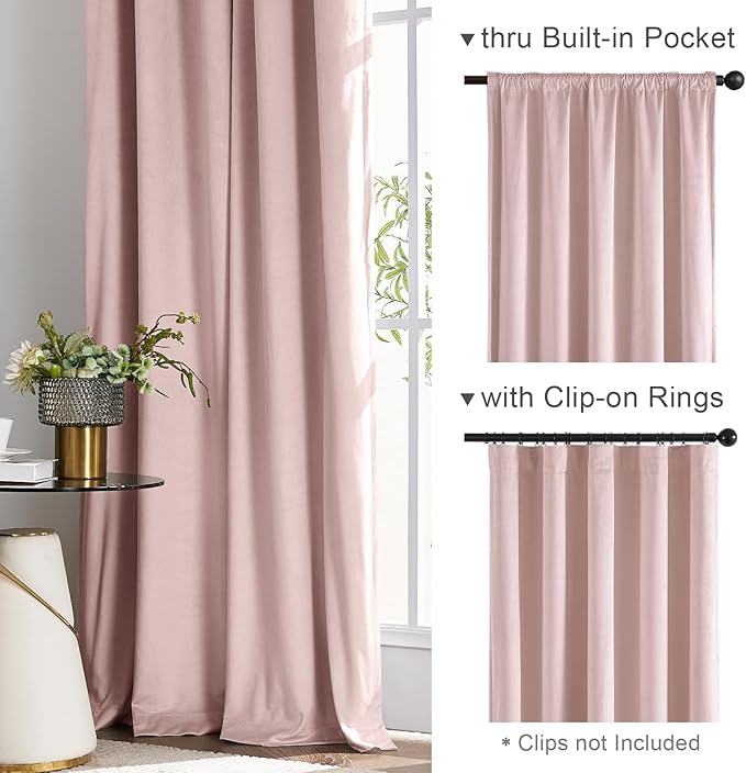 Lazzzy Velvet Blackout Curtains Thermal Insulated Room Window Drapes Super Soft Luxury Curtains for Living Room Bedroom Rod Pocket 2 Panels, Dusty Pink, 52" W x 96" L