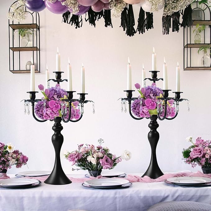 20''Tall Black Crystal Pendant Taper Candle Holders/Stylish Candle Stands/Candlesticks Holder/Candelabra for Home Decor, Weddings/Parties/Elegant Dining Table Centerpiece (2, Black, 5 Arm)