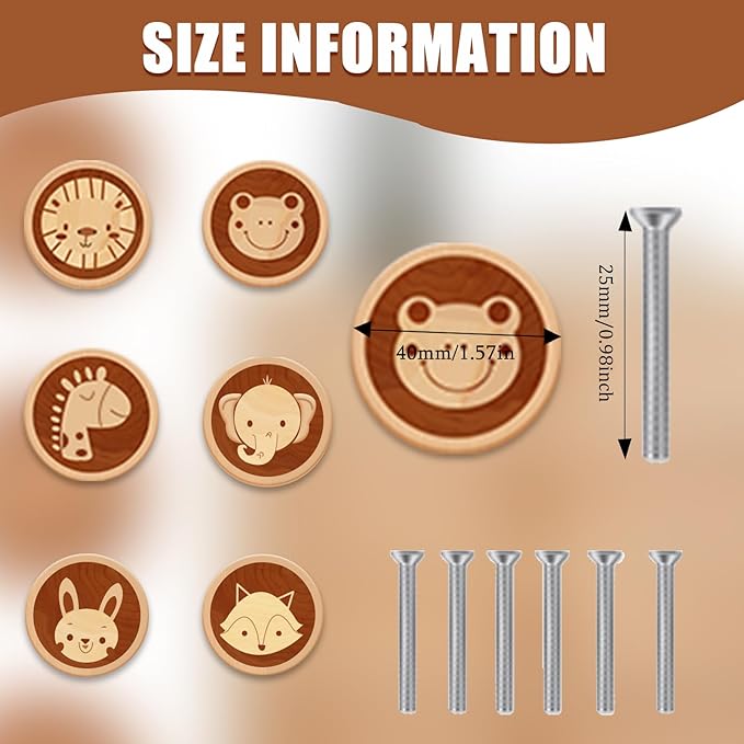 6 Pack Wooden Cartoon Animal Cabinet Knob 40MM/1.57" Kids Dresser Knobs Dresser Handle Drawer Knobs for Nursery