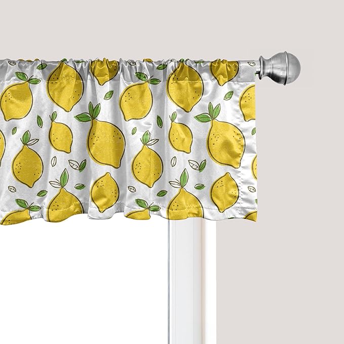 Ambesonne Lemons Window Valance Pack of 2, Continuous Citrus Fruits Leaves Refreshing Cartoon Pattern, Rod Pocket Curtain Valances for Kitchen Bedroom, 54" X 12", Lime Green Earth Yellow