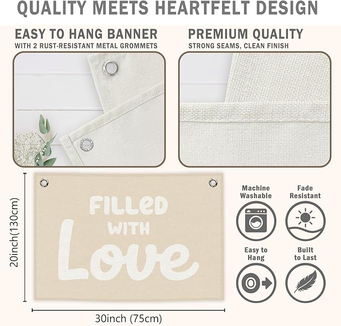 Nursery Kids Banner Canvas, Boho Beige Toddler Room Decor, Filled with Love Hanging Flag Sign, Inspirational Wall Tapestry Art for Baby Shower Classroom Playroom Bedroom Decor 20x30in