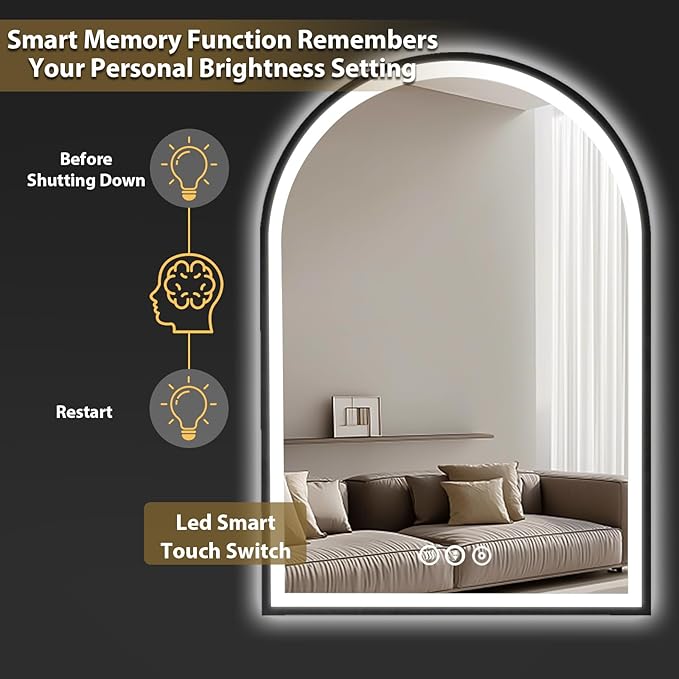 Arch Vanity Mirror with Lights, 24x36 Inch Led Mirror for Bathroom, Wall-Mounted Mirror with Anti-Fog, Memory Function, 3 Color Temperature, Dimmable Led Bathroom Mirror