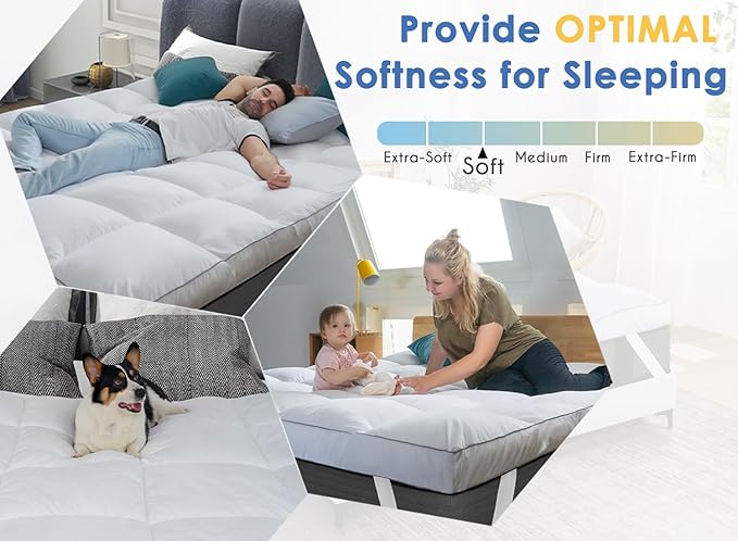 Marine Moon Twin XL Mattress Topper, Cooling Plush Bed Topper Soft Thick Pillow Top Mattress Toppers, 3 Inch Feather Down Alternative Pad Cover for College Dorm, Back Pain Relief, XL Twin 39" x 80"